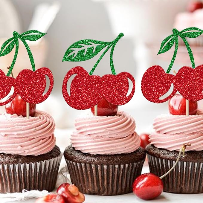 24 Pack Cherry Cupcake Toppers Glitter Red Cherry Cupcake Picks for Fruit Cherry Theme Baby Shower Bridal Shower Birthday Party Cupcake Decorations Supplies