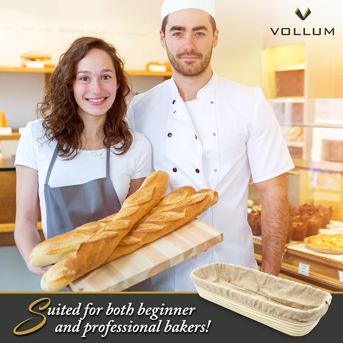 Vollum Banneton Bread Proofing Basket & Liner – Handmade Rustic Sourdough Bread Baking Supplies, Baguette Brotform, Sour Dough Tools, Gifts for Bakers - Rectangular - 15.5 x 5.5 x 3.5"H