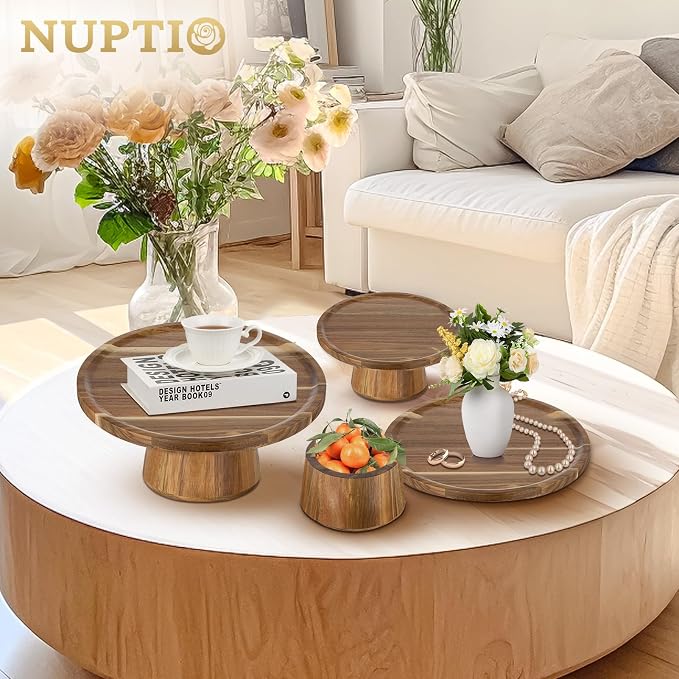 NUPTIO Wood Cake Display Stand Set of 3：4 in 1 Multifunction Cake Plate Serving Bowl Chip & Dip Tray Nut Dish Acacia Wood Cupcake Holder for Wedding Birthday Tea Party Gift for Baking Enthusiasts