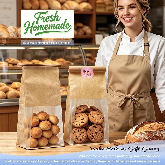 Cookie Bakery Bags with Window Small Bread Baked Goods Packaging Tin Tie Tab Closure & Cute Sticker for Candies, Treats, Snack - Brown Kraft Paper 20 Pcs 11x5.1x3.9 Inch