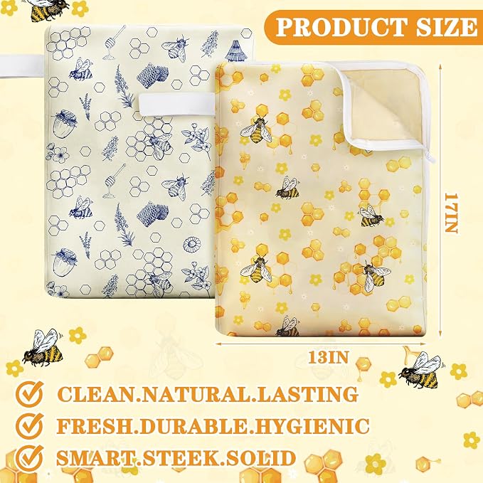 Hahafelt 2 Pack Beeswax Bread Bags with Zipper Seal for Sourdough and Homemade Bread XL Reusable Organic Linen Cotton Beeswax Loaves Food Storage Bag to Keep Fresh(Bee)