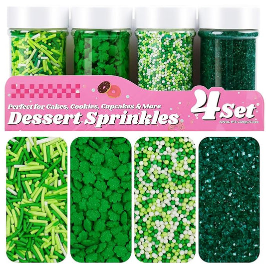 St Patricks Day Sprinkles, 11.3oz/320g Edible Green Sprinkles Mix Shamrock Nonpareils Jimmies & Sanding Sugar, 4 Jars Set for Baking Cakes Cupcakes Cookies