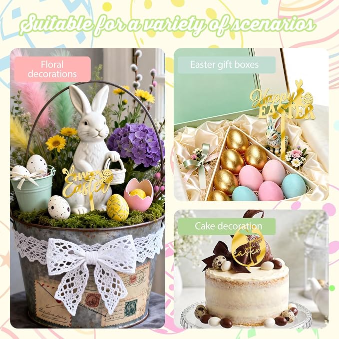8Pcs Gold Happy Easter Cake Toppers Mirror Acrylic Bunny Egg Cake Picks Bunny Cupcake Decor for Spring Easter Party Cake Desserts Decor Supplies