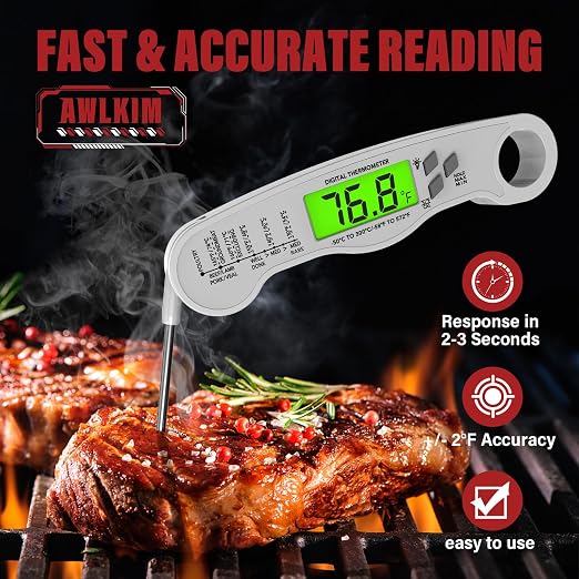 AWLKIM Digital Meat Thermometer, Instant Read Thermometer, White | Food thermometer for grill, BBQ, candy, oil and baking; backlit display, foldable probe and magnetic storage.