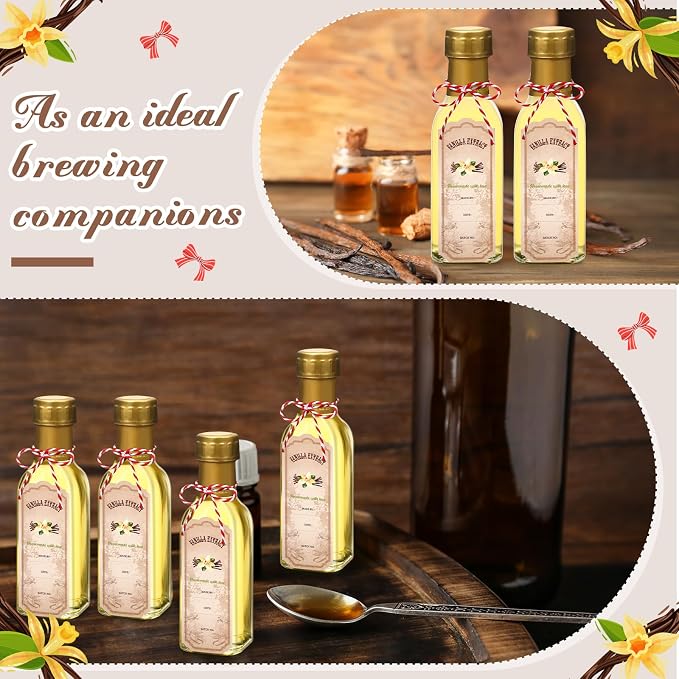Tioncy 12 Pcs Vanilla Extract Bottles for Homemade Vanilla Jar Glass Square Bottle with Cap Shrink Band Sticker Syrup Food Storage Canister for Liquids Bean Sauce Spice Gift Giving(Gold,5 oz)