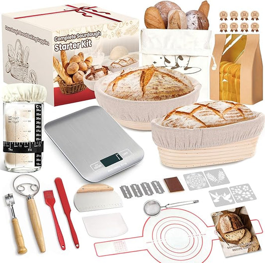 Sourdough Starter Kit with Scale, Glass Jar and Banneton Bread Proofing Basket - Complete Sourdough Bread Baking Supplies, Sour Dough Making Essentials Tools, Gift for Bakers Beiginner Women Wife Mom