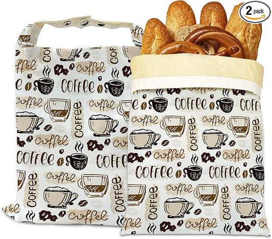 Bread Bags for Homemade Bread, Coffee Time 2 Pack Linen and Beeswax Sourdough Storage Bags, Reusable Keeper, Keeps Breads Fresh Longer, Gifts for Bakers