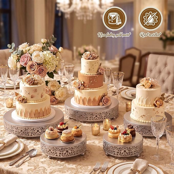 Wenqik 5 Pcs Metal Silver Cake Stand 16/14/12/10/8 Inch Round Cake Holder Display for Dessert Table Cookies Fruit Serving Tray Cupcake Pastry Riser for Wedding Birthday Party and Events