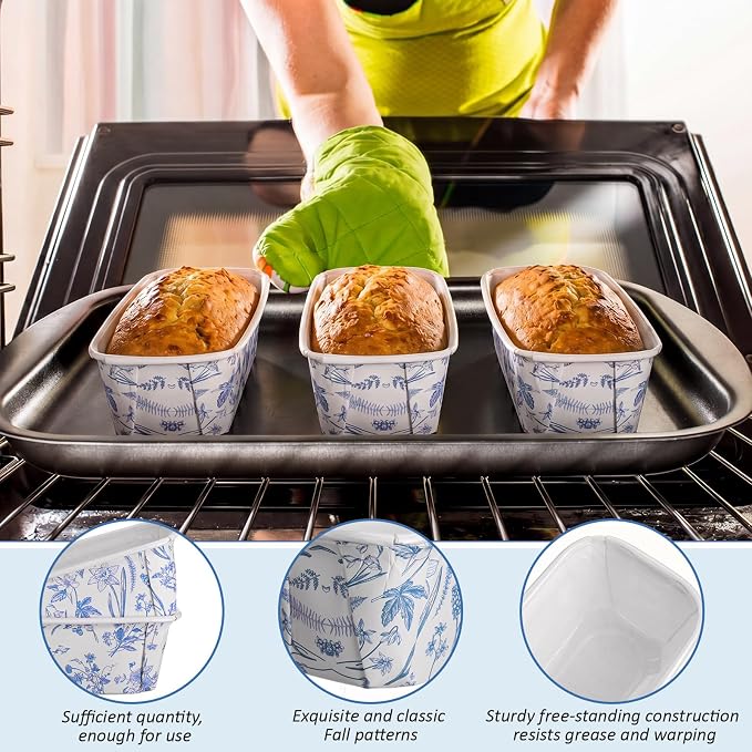 Hushee 50 Sets Blue Floral Paper Loaf Pans with Bags, 6.3x2.2x2.2" Disposable Mini Bread Baking Molds Kit Vintage Blue White Flower Cake Liners for Wedding Favors Bridal Shower Birthday Gifts