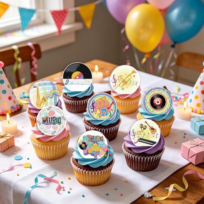 36PCS Edible Musical Cupcake Toppers Wafer Paper Music Symbol Cake Picks Music Concert Cake Topper CD Piano Violin Cupcake Picks for Concert Theme Party Decor