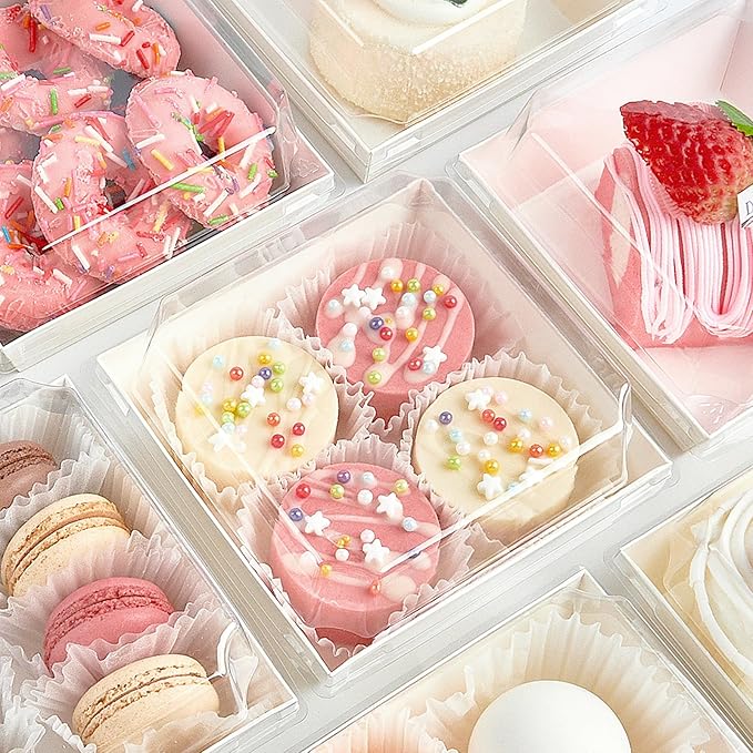 Ocmoiy White Charcuterie Boxes with Clear Lids 4x4 Inch, 100 Pack Square Kraft Bakery Cake Slice Boxes with Window, Dessert To Go Containers (100)