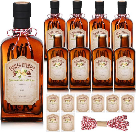 Suclain 8 Pack 8.5 oz Amber Glass Bottle for Vanilla Extract Homemade, Brown Vanilla Extract Bottles with Airtight Lid and Stickers for Syrup Gift Food Storage Canister Christmas Small Gift(Black)