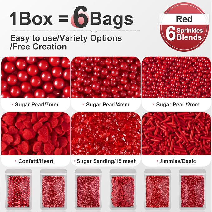 HUEBEATY 6-in-1 Valentines Red Sprinkles for Cake Decorating - 180g Red Heart Shaped Confetti Sprinkles, Edible Sugar Pearls, Sanding Sugar & Jimmies, Grinch Christmas & Valentines Sprinkles for Cookies, Cupcakes Baking