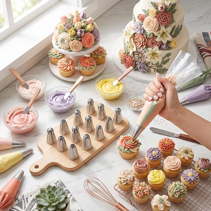 Russian Piping Tips Cake Decorating Kit, 13PCS Flower Shaped Frosting Nozzles Set for Cupcake Icing, Pastry Cake Butter Cream DIY Decor Baking
