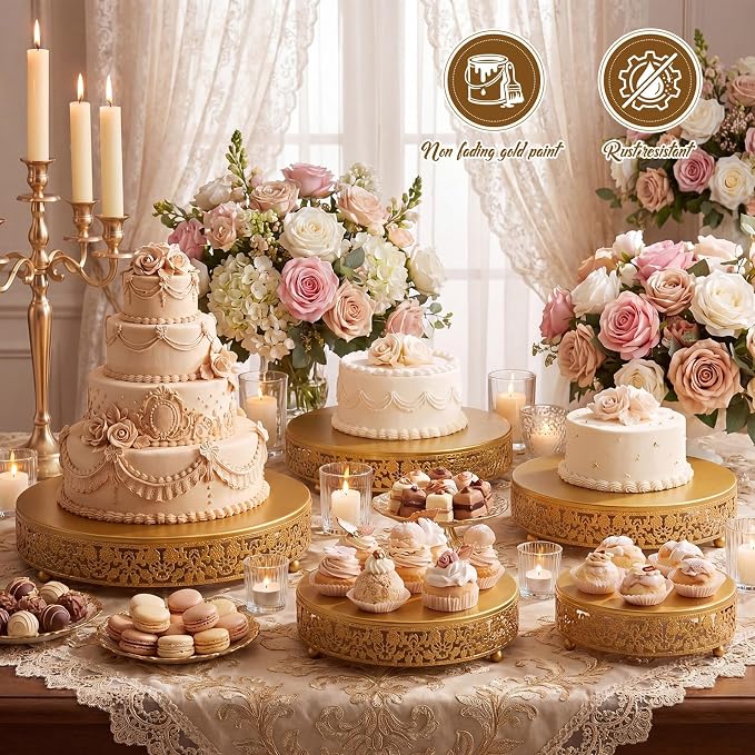 Wenqik 5 Pcs Metal Gold Cake Stand 16/14/12/10/8 Inch Round Cake Holder Display for Dessert Table Cookies Fruit Serving Tray Cupcake Pastry Riser for Wedding Birthday Party and Events