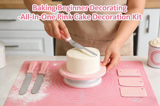 Cake decoration kit baking supplies cake turntable with 2 right angle spatulas and 3 smoothie scraper baking accessories for beginners and professionals, pink