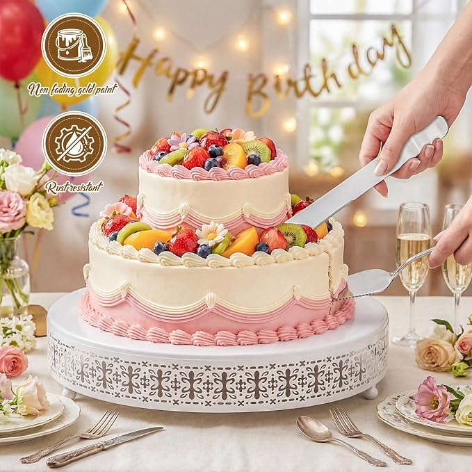 Wenqik White Cake Stand 14 Inch Metal Round Cupcake Dessert Wedding Cake Stand with Cutting & Spatula Cookies Display Holder Fruit Serving Tray for Table Wedding Birthday Anniversary Party