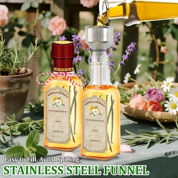 10-Pack Glass Vanilla Extract Bottles 5 oz with Lids, Labels, Shrink Bands & Funnel – Ideal Glass Jars for Syrup, Extract, and Essential Oils