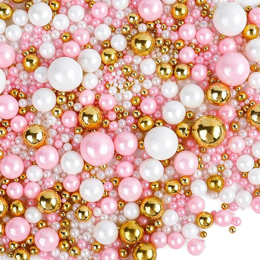 Gold Pink and White Sprinkles for Cake Decorating, 130g/4.6oz Edible Pearl Sprinkles Mix, Sugar Candy Pearls for Baking, Cookie Decorations and Cupcake Toppings, Wedding Party Holiday Supplies