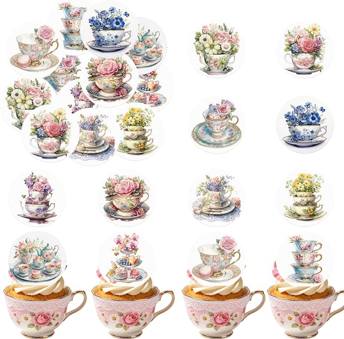 48PCS Edible Spring Floral Tea Cupcake Toppers Wafer Paper Vintage Teapot Vase Cake Picks Edible Floral Teapot Cupcake Toppers for Spring Teacups Princess Theme Cake Decor Supplies
