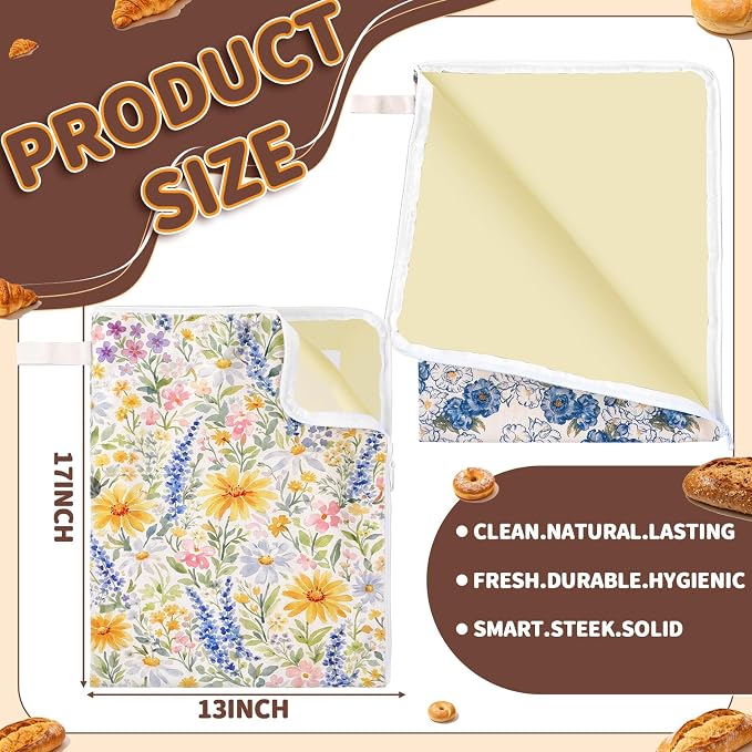 Hahafelt 2 Pack Beeswax Bread Bags for Homemade Sourdough Bread 17" x 13" Wide Zipper Access Organic Beeswax Linen Cotton Food Storage Bag with Sealing Zip to Keep Fresh (Flower)