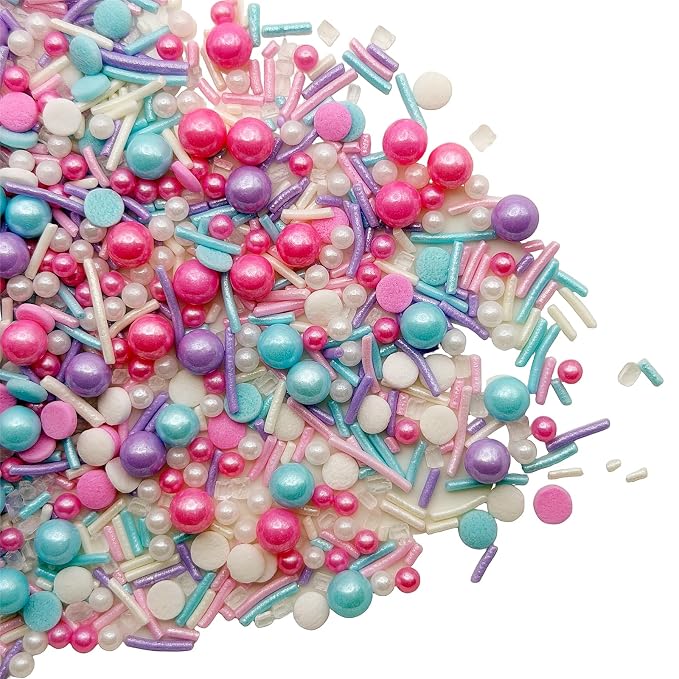 SE Si&Moos Pastel Sprinkles 3 OZ Pink Purple Blue and White Edible Pearls for Cake Decorating Edible Pearls and Sequins Sprinkles Mix for Baby Shower Wedding Halloween Christmas Cookie Decorations
