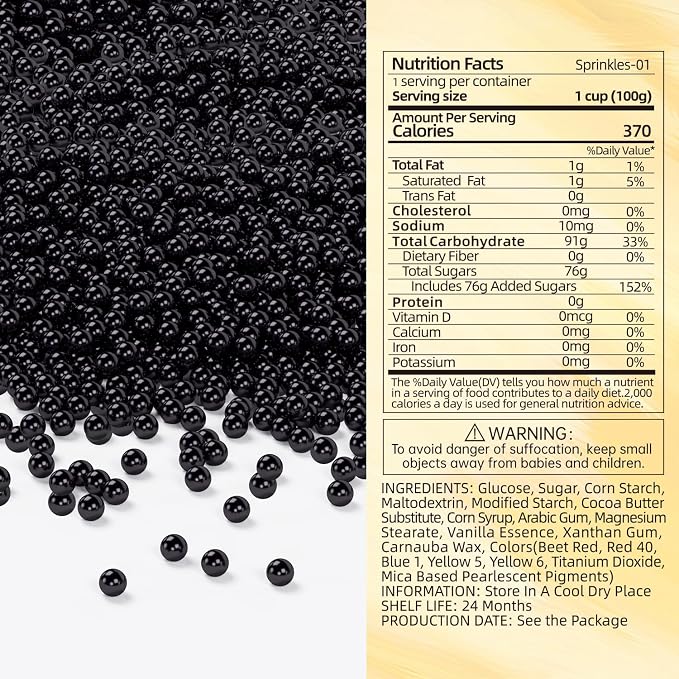 Bayep Edible Pearls for Cake Decorating 4mm Black Sprinkles for Cookies, Baking, Ice Cream, Cupcake Topper Pearl Sprinkles Perfect for Wedding Party Valentines Christmas Holiday Supplies 3.52 Ounce