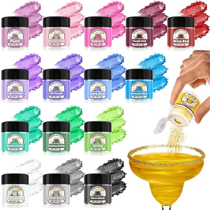 16 Colors Edible Glitter for Drinks - Shimmer Edible Cake Decorations, Food Grade Luster Dust Edible for Cakes, Icing, Party, Vegan, Gluten Free