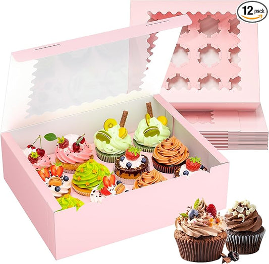 RYDDOY 12 Pack Cupcake Boxes, Hold 12 Standard Cupcakes, Pink Cupcake Containers, Cupcake Holder with Window and Inserts for Birthday Holiday Party, Supplies for Cupcakes, Desserts and More