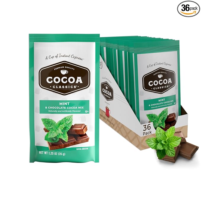 Cocoa Classics Mint Cocoa Mix, Hot or Iced, 1.25oz, 36 Pack | Mint cocoa mix with cool, refreshing flavor and chocolate notes; just add water for hot or iced cocoa with refreshing taste