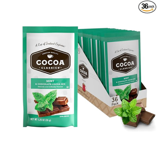 Cocoa Classics Mint Cocoa Mix, Hot or Iced, 1.25oz, 36 Pack | Mint cocoa mix with cool, refreshing flavor and chocolate notes; just add water for hot or iced cocoa with refreshing taste