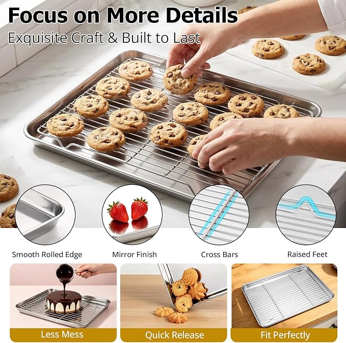 Onader Half Sheet Pan with Cooling Rack Set, 18x13 Inch Stainless Steel Large Baking Cookie Sheet, Metal Oven Baking Tray with Wire Rack, Nonstick, Includes 1 Pan + 1 Rack