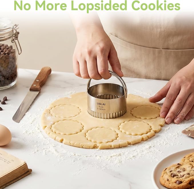 USLAI Biscuit Cutter Set (1.75, 2, 2.5, 2.75, 3.25 Inch), Stainless Steel Fluted Round Cookie Cutter with Handle, Professional Kitchen Baking Dough Tools, 5 Pieces - Wave