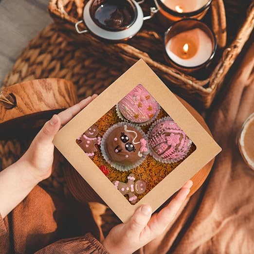 NPLUX 8x8x3 inch Kraft Cookie Boxes Candy Boxes with Window for Chocolate Covered Strawberry Donut Breakable Heart Baked Goods, Graduation Gifts Party Favors(30 Pack,Brown)