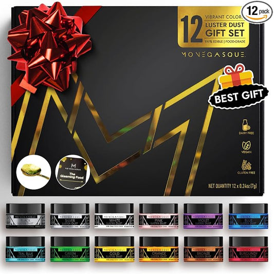 MONÉGASQUE Luster Dust Edible Glitter for Drinks 12 Pcs Set – Best Gift Idea for Bakers – Bakers Gift Set for 4th of July Cake Decorations – Edible Glitter for Cakes & Cocktails – Cake Decorating