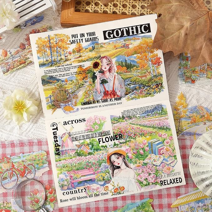 Large Transparent PET Autumn Landscape Sticker Book for Journaling, 20 Sheets Pre-Cut Scenery Stickers for Scrapbooking Supplies, Collage Decorative, 9.25 x 6.58 inches
