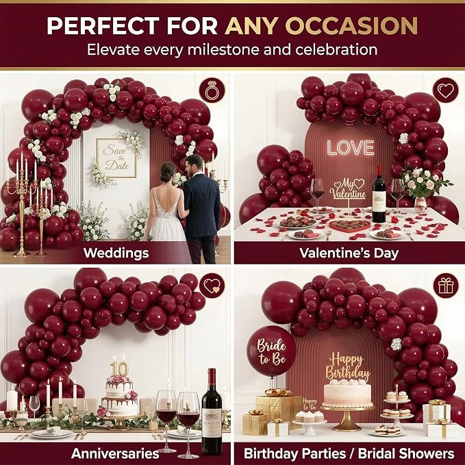 104pcs Burgundy Balloons Different Sizes Pack - 18/12/10/5 Inch Maroon Latex Balloons Garland Arch for Birthday, Wedding, Baby Shower, Valentines Day Party Decoration