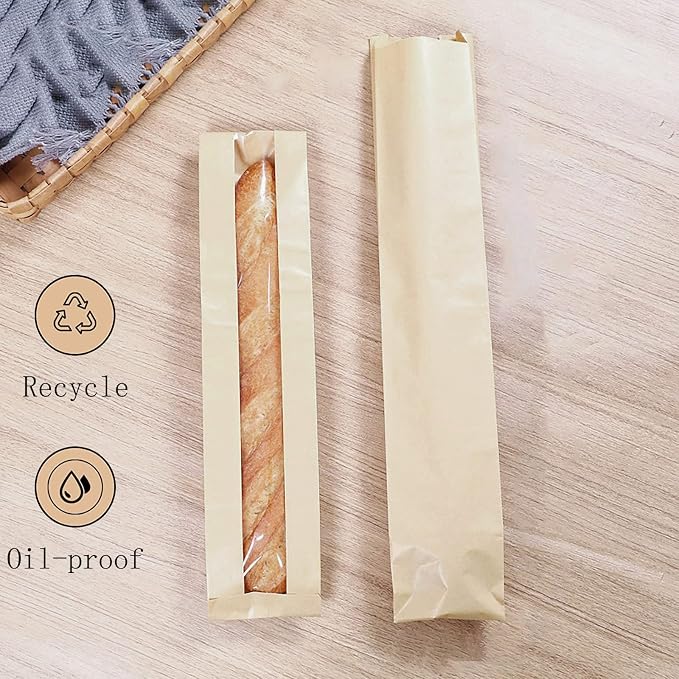 200 Pieces Baguette Bags,Kraft Paper Long French Bread Bags for Homemade Bread with Clear Front Window(23.5 x 4.3 x 1.6 Inch)