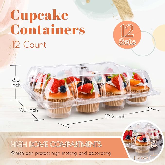 NPLUX 12 Count Cupcake Containers 25 Pack Cupcake Holders with Detachable Tall Dome Lids Clear Plastic Stackable Cupcake Boxes for 300 Cupcakes, BPA Free, Standard Size