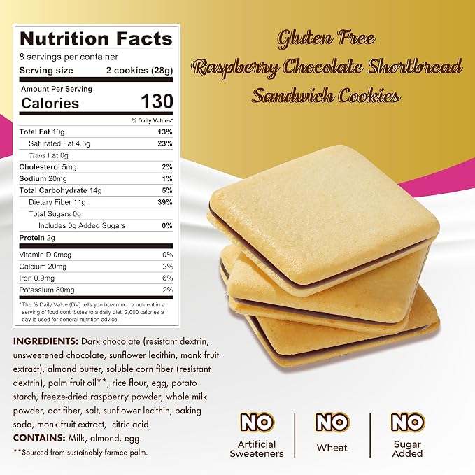 ChocZero Dark Chocolate Raspberry Jolies Cookies, Sugar Free Chocolate Filled Cookies, Gluten Free, Keto, Low Carb, High Fiber, 8 oz Box