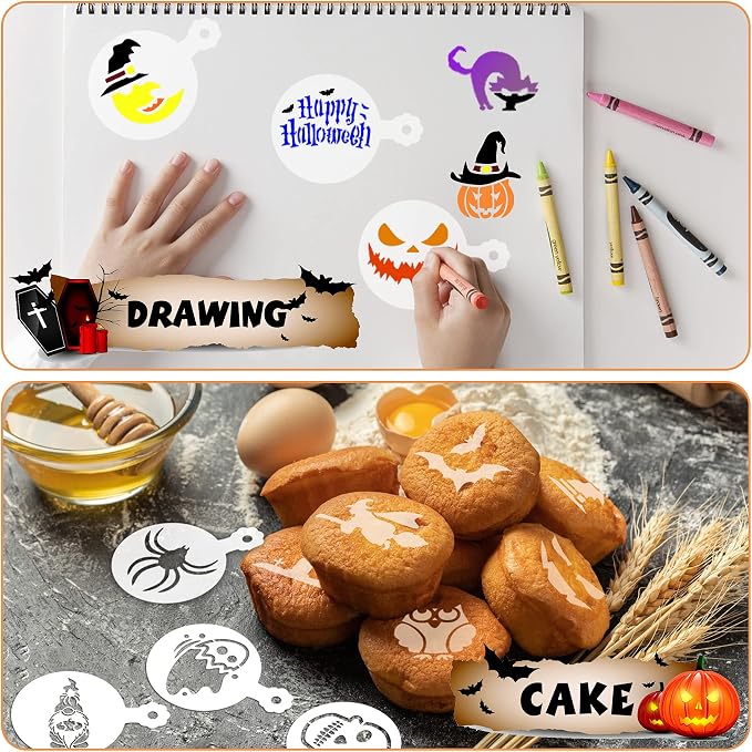 JULBEAR 36Pcs Halloween Cookie Stencils Reusable Cake Baking Mold Tools | Reusable Templates Material, Holiday Painting Dessert Craft Coffee, DIY Cookies Decoration, 36 Pieces Cake Mold