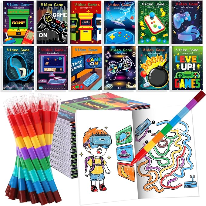 BenLouis 12 Video Game Mini Coloring Books Kids with 12 Stacking Crayons Gaming Party Favors Small Activity Books Bulk for Kids Boys Neon Game Level Up Party Gift Goodie Bag Stuffers