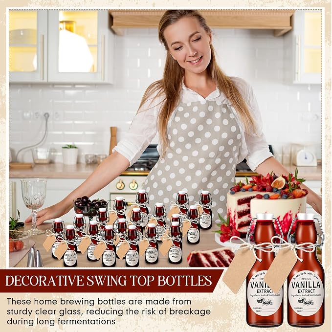 Vesici 12 Sets Swing Top Glass Bottles Set Amber Homemade Vanilla Extract Bottles Vanilla Extract Jars for Christmas DIY Crafts (6.6 Oz)