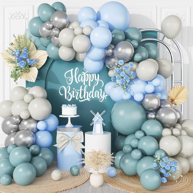 Dusty Blue Balloon Arch Kit, 108 Pcs Blue and Silver Balloon Arch Kit Metallic Silver Sand White Mist Blue Balloon Helium for Kids Boy Party Baby Shower Birthday Bridal Wedding Anniversary Decorations