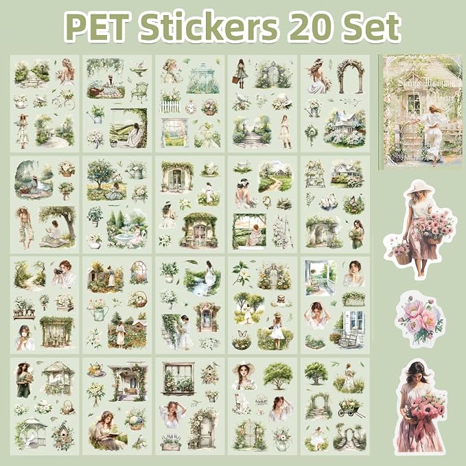 Uideyvi Spring Theme Sticker Scrapbooking Supplies for Junk Journal, 20 Sheets PET Stickers(TZ-001-008)