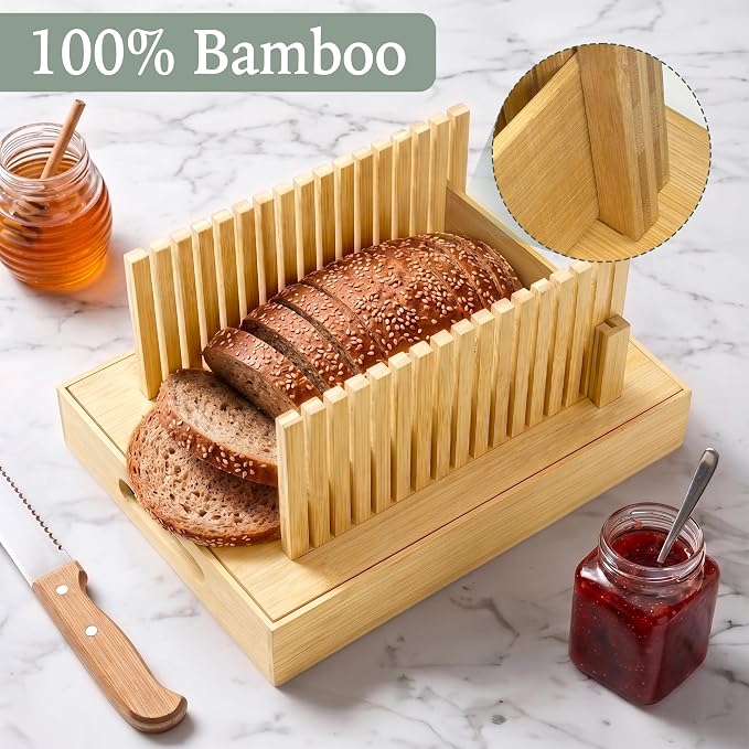 Bamboo Bread Slicer for Homemade Bread, Adjustable Cutting Board with Crumb Tray and Serving Box, Slicing Guide for Sourdough, Sandwich Loaves, Bagels and Cakes