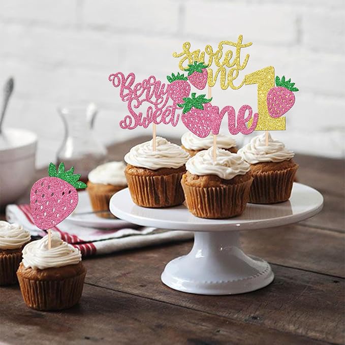 30 PCS Strawberry One Cupcake Toppers Glitter Berry Sweet One First Birthday Strawberry Cupcake Picks for Fruit Theme Baby Shower Kids Boys Girls 1st Birthday Party Cake Decorations Supplies Pink