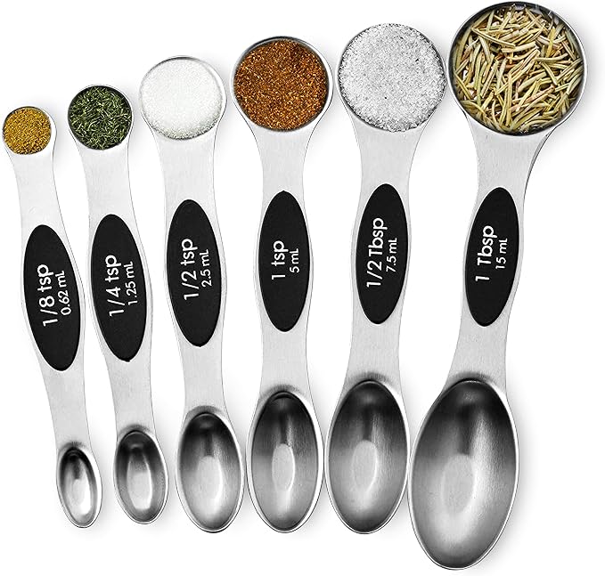 NutriChef 6-Piece Magnetic Measuring Spoon Set - Stainless Steel Stackable Dual Sided Nesting Teaspoon to Tablespoon For Dry & Liquid Ingredients, Stylish, 6 Sizes, Black