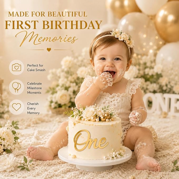 6Pcs One Cake Topper,1st Birthday Cupcake Topper,Gold Acrylic Cake Topper Cupcake Toppers,Number 1 Cake Decor Suitable for Girl Boy 1st Birthday Party