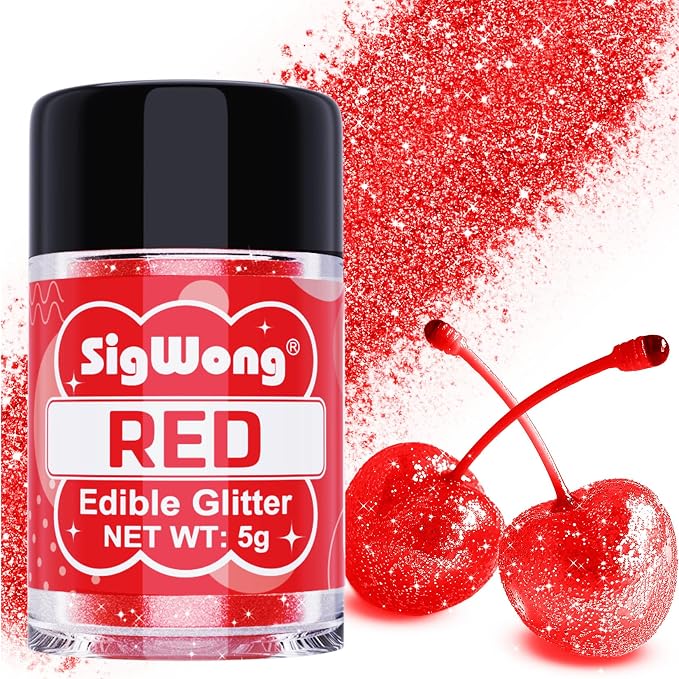 Red Edible Glitter - 5g Food Grade Cake Decorating Shimmering Glitter, Edible Sprinkle Luster Dust for Drinks, Chocolates, Fondant, Strawberries, Cupcakes, Candy, Easter Cookie - Vegan